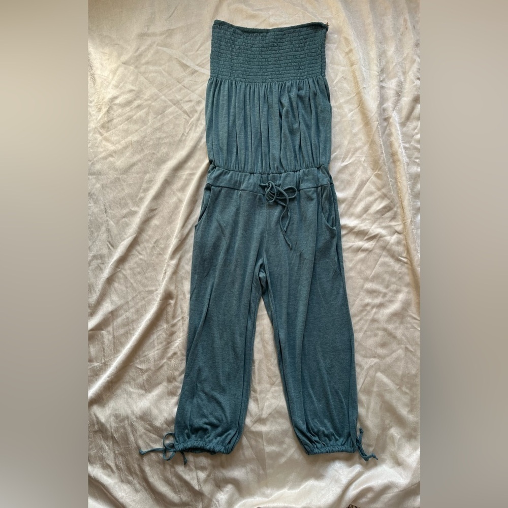 Elan Teal Strapless Jumpsuit with Smocked Bodice